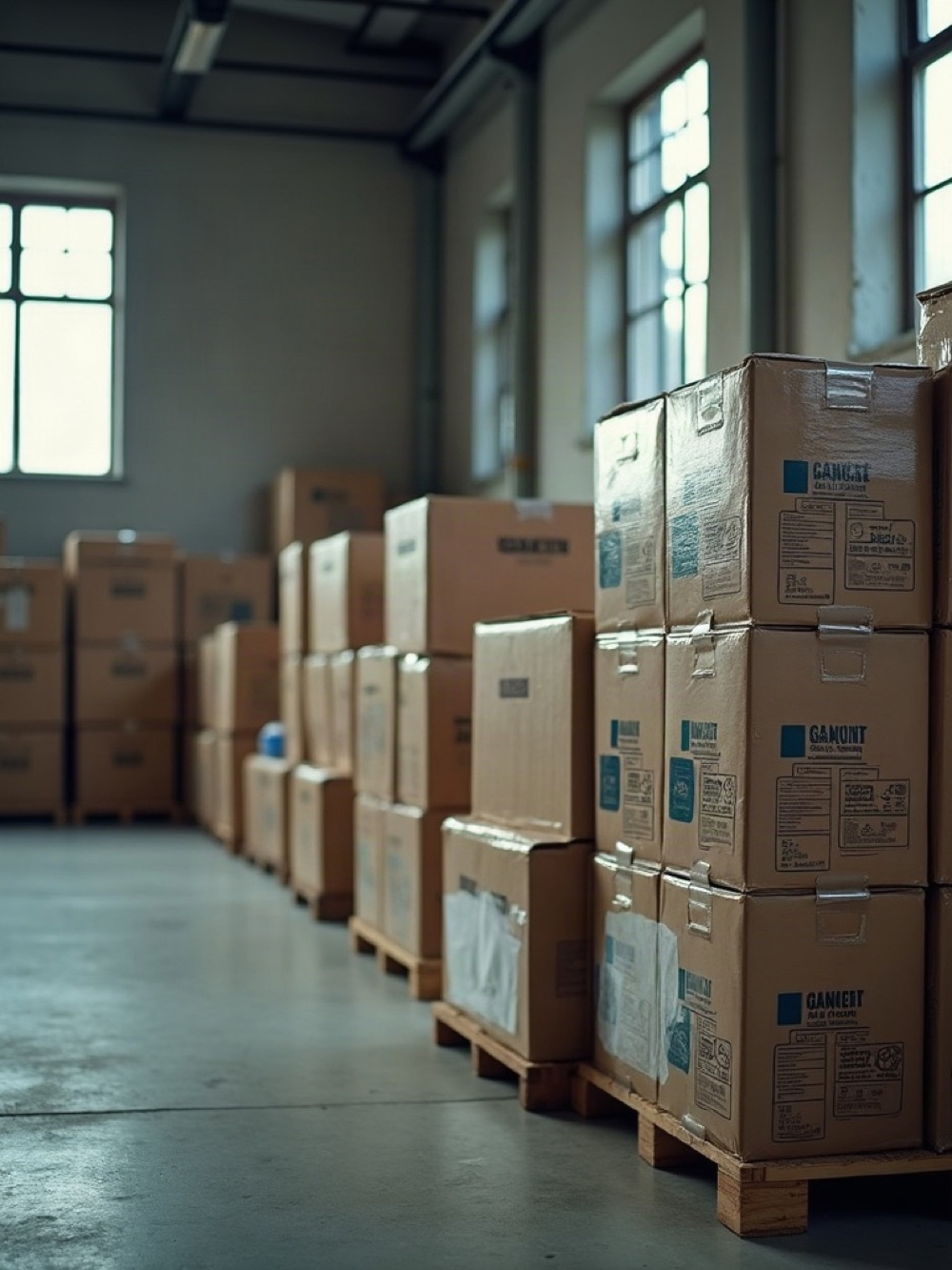 Warehouse aisle with grocery cases beside cartons of small appliances