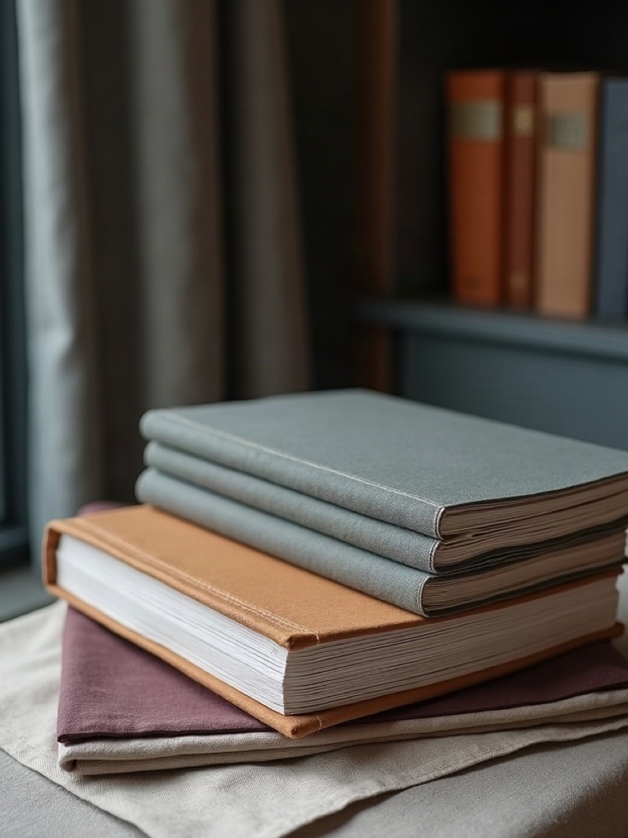 Clothbound books and printed catalogs stacked on linen beside a textile sample