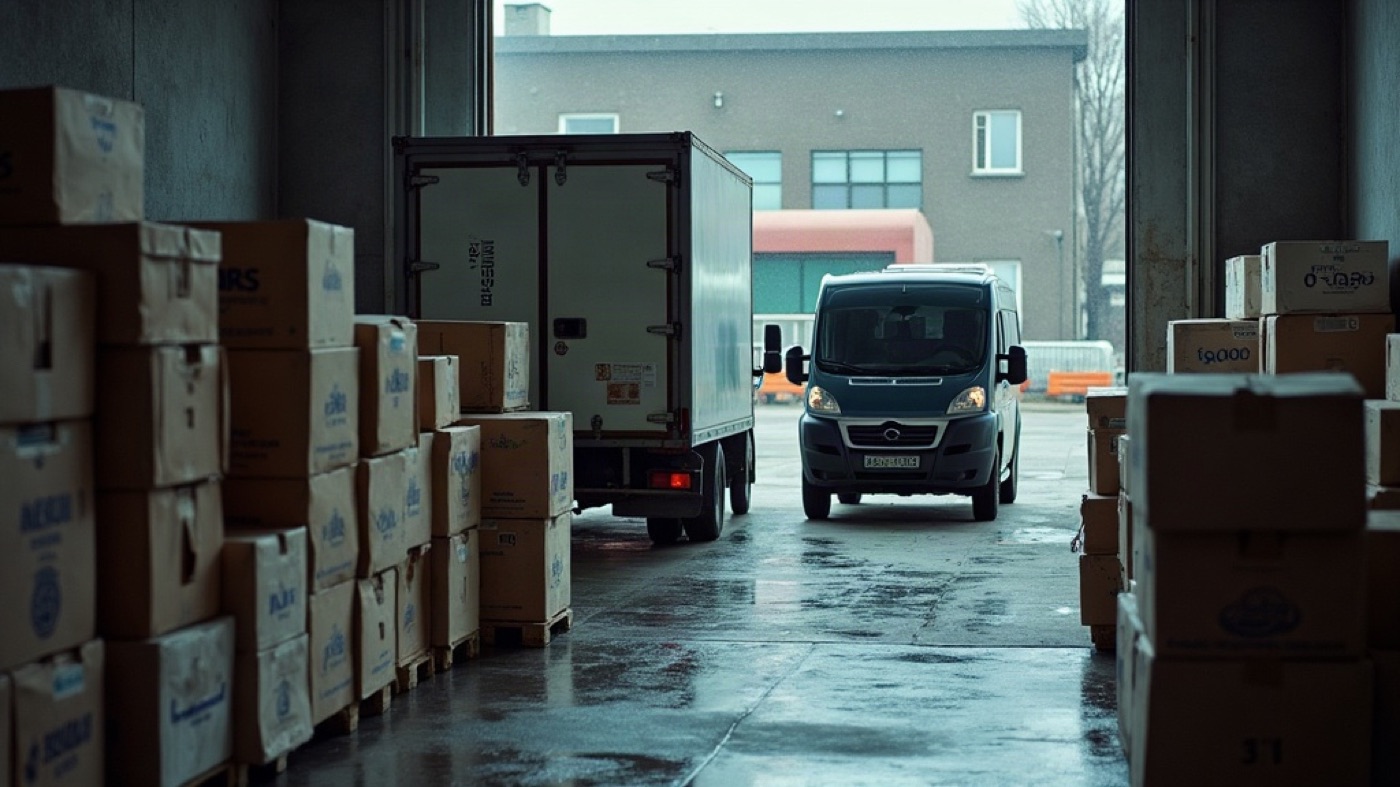 Loading dock with stacked cartons, a box truck, and a cargo van