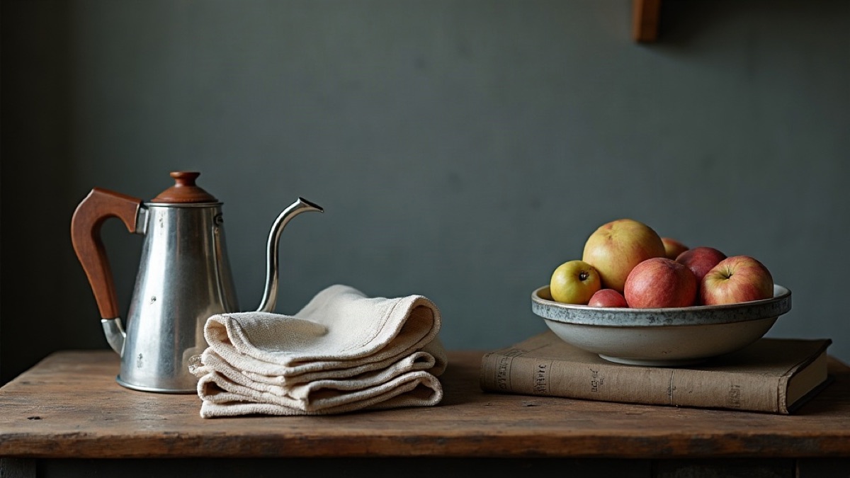 Kitchen counter with a kettle, apples, folded linen, and a closed cookbook
